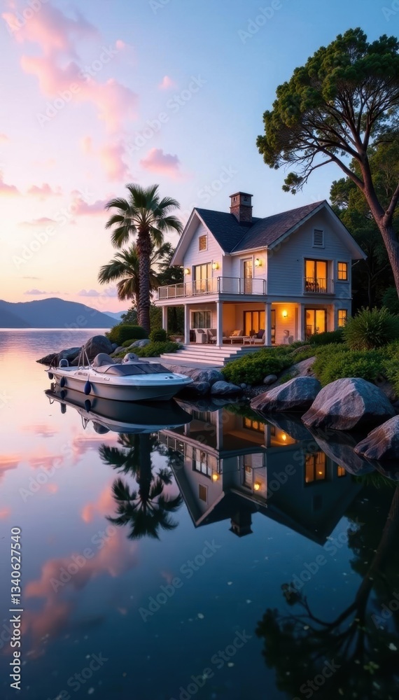 Fototapeta premium Immaculate waterfront estate, private dock, serene setting, Fort Lauderdale, panorama