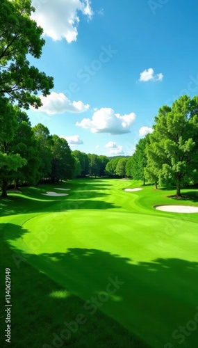 Lush green golf course fairway, perfectly manicured , sand, vibrant