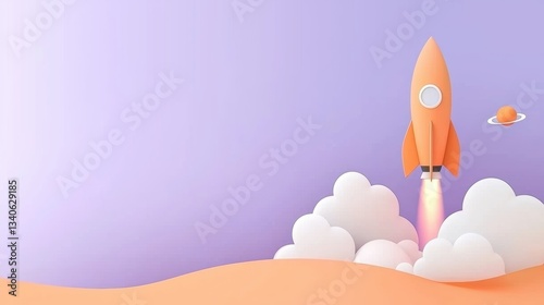 Fototapeta Naklejka Na Ścianę i Meble -  Vibrant isometric 3D rocket launch concept, modern digital art style, floating in space with dynamic thrust and cartoonish smoke