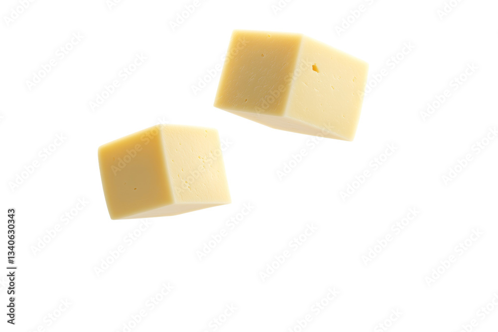Two pieces of cheese are floating in the air, isolated Two pieces of cheese are floating in the air, isolated