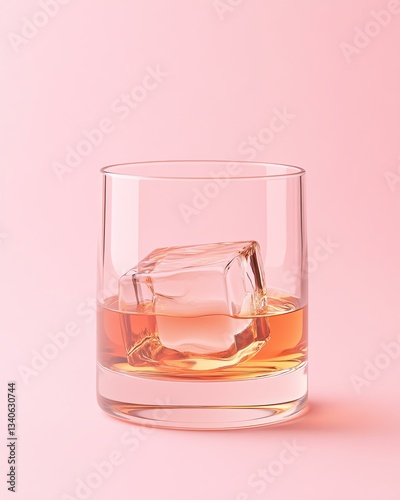A close-up view of a glass filled with whiskey and an ice cube, set against a soft pink background. This image captures the elegance and simplicity of enjoying a fine drink.