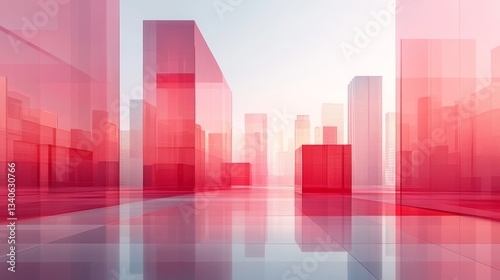 Abstract architectural rendering shows a city with glassy red buildings