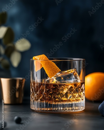 A beautifully styled whiskey glass with a twist of orange peel, perfectly capturing the essence of luxury and relaxation, ideal for a sophisticated bar ambiance.