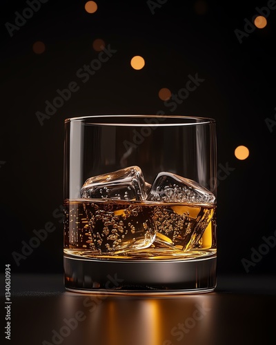 A beautifully crafted glass of whiskey with ice cubes, illuminated against a dark background, creating an elegant and inviting atmosphere for a relaxing moment.