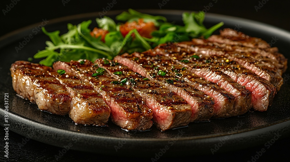 Sliced grilled steak and salad presented on a dark plate