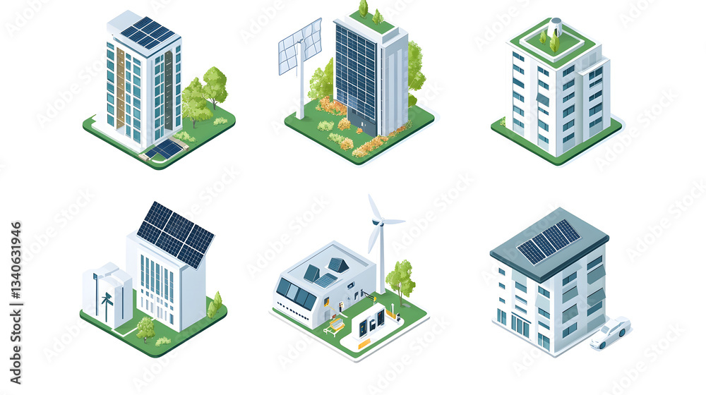 A set of eco-architecture icons that represent the integration of solar panels, electric car charging points, and green buildings in promoting urban sustainability and energy efficiency. A set of eco-architecture icons that represent the integration of solar panels, electric car charging points, and green buildings in promoting urban sustainability and energy efficiency.