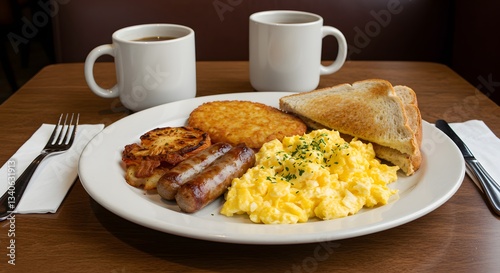 Enjoyable Breakfast Plate with Scrambled Eggs Sausage and Hash Brown