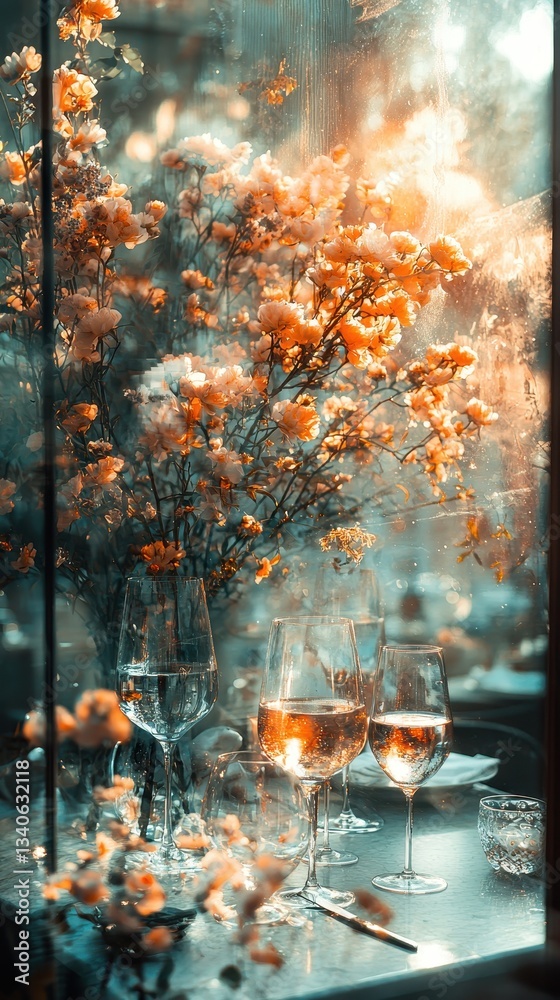 Fototapeta premium Double Exposure of a Memorable Brunch Setting with Blended Floral Elements and Stylish Tableware