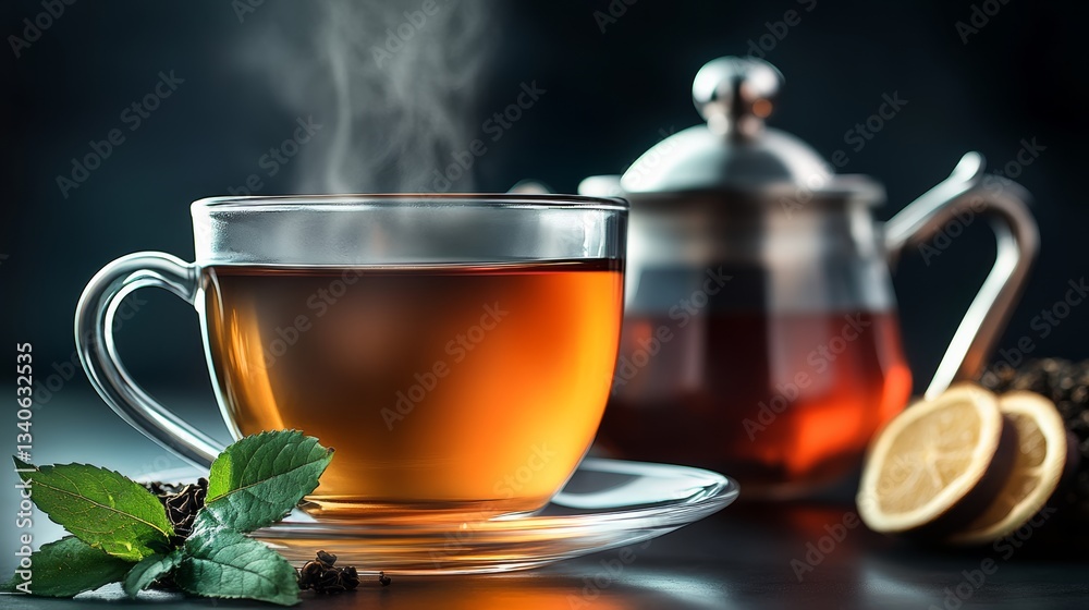 Cup of tea with a lemon slice and a sprig of mint on a saucer. The tea is steaming and the lemon slices are on the saucer Cup of tea with a lemon slice and a sprig of mint on a saucer. The tea is steaming and the lemon slices are on the saucer