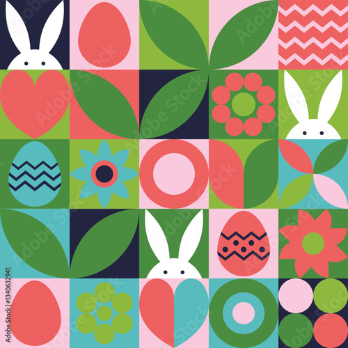 Easter bunny, egg and flower background. Geometric design with cartoon elements. Vector illustration