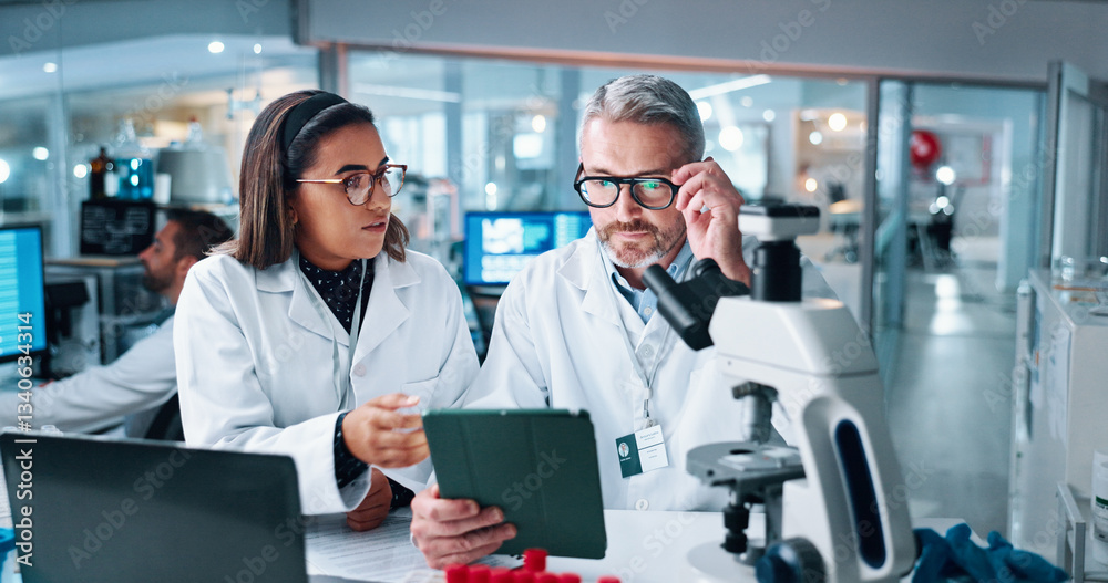 Conversation, science and tablet with people in laboratory together for breakthrough or development. Collaboration, laptop and microscope with research team at work for medical investigation Conversation, science and tablet with people in laboratory together for breakthrough or development. Collaboration, laptop and microscope with research team at work for medical investigation