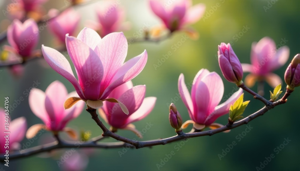 Pink magnolia blossoms on graceful branches, lush green leaves , green, flower Pink magnolia blossoms on graceful branches, lush green leaves , green, flower