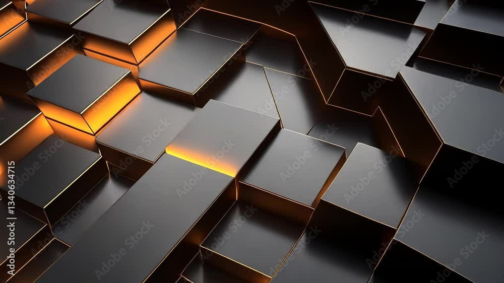 Abstract geometric pattern of interlocking black and gold cubes.  Illuminated by warm golden light, the structure creates a sense of depth and complexity