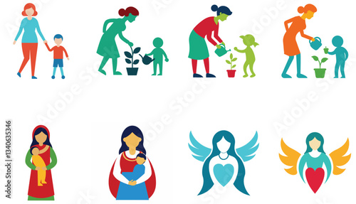 Mothers with children doing various activities gardening, caring, and showing love.