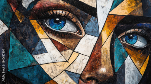 abstract figurative artwork, close-up face with geometric distortion, layered textures