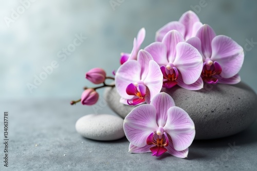 Delicate pink orchids resting on smooth grey stones, showcasing natural beauty and elegance in a serene minimalist design