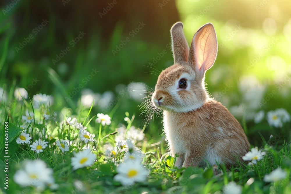 Fototapeta premium Cute rabbit sitting among flowers in a sunny meadow during springtime