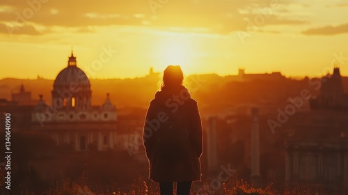 Silhouette of woman at sunset over rome skyline