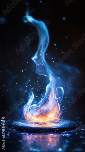 Ethereal blue flames rising from a shimmering, dark surface with a vibrant orange inner core, illuminating the night with scattered glowing particles