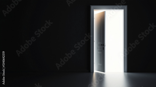  A slightly open white door emits a bright light into a dark room, symbolizing opportunity, mystery, or transition.