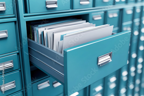 Discovering hidden documents in a sleek turquoise filing cabinet within a modern game-inspired office setting