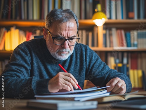 Professor grading exam papers with red pen in library focused environment academic assessment