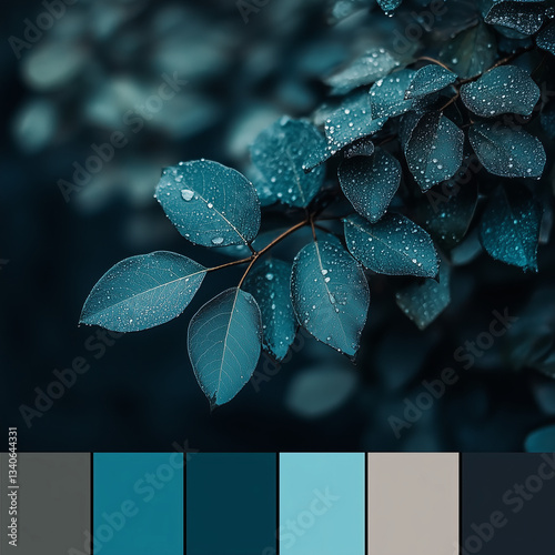 Dark teal leaves with water droplets, moody nature, atmospheric foliage, deep blue-green tones, tranquil botanical scene, fresh raindrops, serene forest