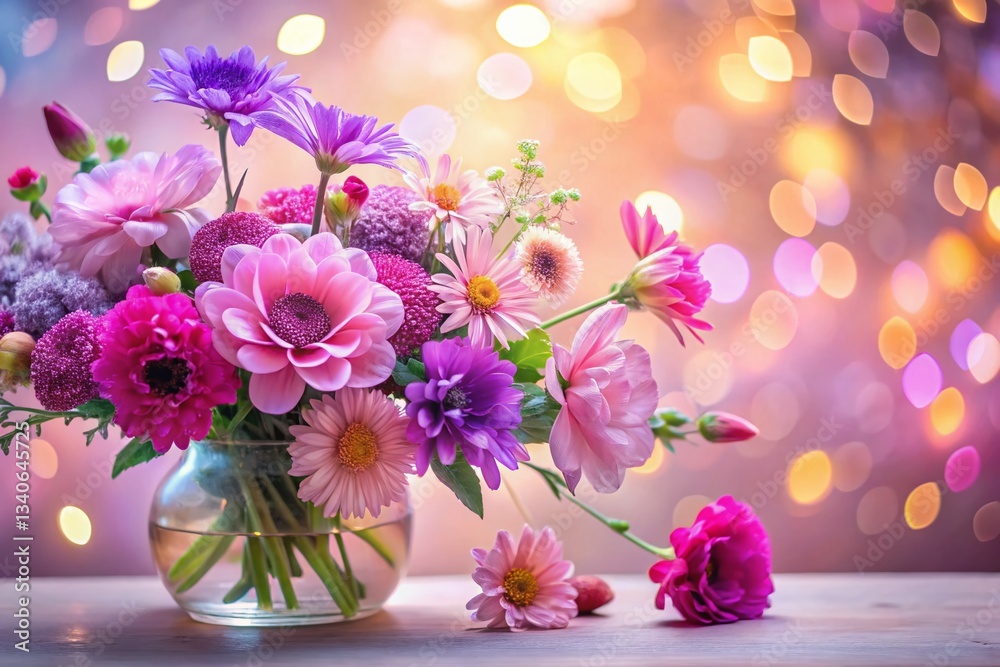 Fototapeta premium Pink & Purple Floral Arrangement: Delicate Blossoms, Whimsical Spring Bouquet, High-Resolution Stock Photo