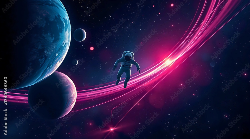 Naklejka premium Astronaut among vibrant rings and celestial bodies. 