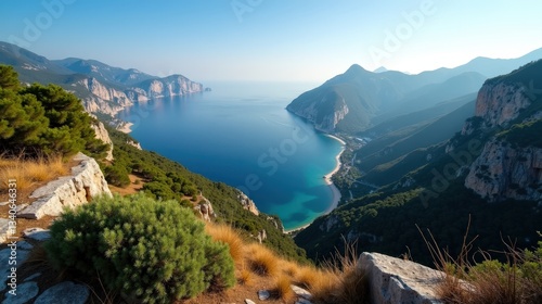 A professional photo of Cilento National Park, Italy, at midday with sunny conditions. Captured from above, highlighting the lush greenery and rugged coastline.