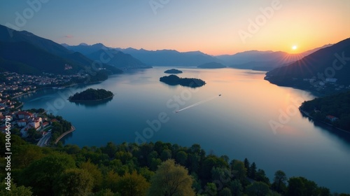 A professional photo of Lake Maggiore in Italy, Europe, during dusk with sunny conditions, captured from an aerial perspective.