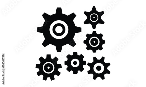 Six Black Gear Cog Icons