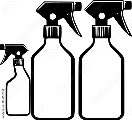 Disinfectant spray monochrome black and white illustration of a bottle with spray and droplets for hygiene cleanliness and sterilization concept