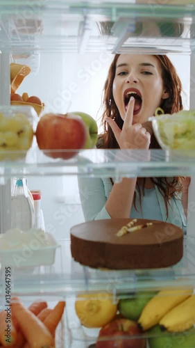 Woman opens the fridge door, happily tasting the cake and cream, but reluctantly deciding between a dessert and a apple. She makes a healthy diet choice. POV shot from inside the kitchen refrigerator