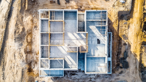 Modern concrete house under construction showcasing sleek design in a residential area captured by drone