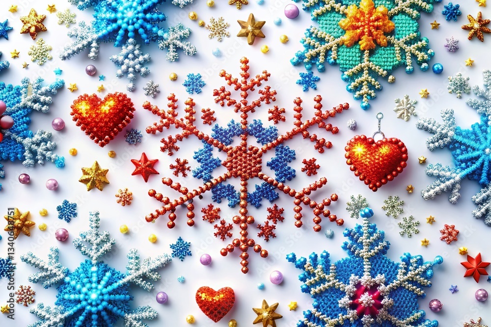 Fototapeta premium Pixel Art Snowflake Set: Abstract Winter Geometric Christmas Elements
