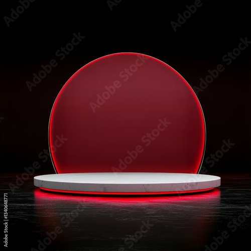 Podium with red ring and illuminated edge for product presentation, empty stage and minimalist display. Stage with creative circle and black and white background with glowing red light