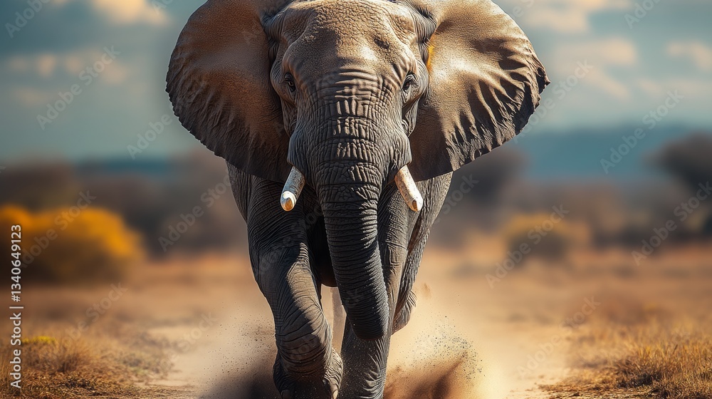 Fototapeta premium Large elephant is running through a desert. The scene is filled with dust and the elephant's trunk is raised. Scene is one of freedom and wildness