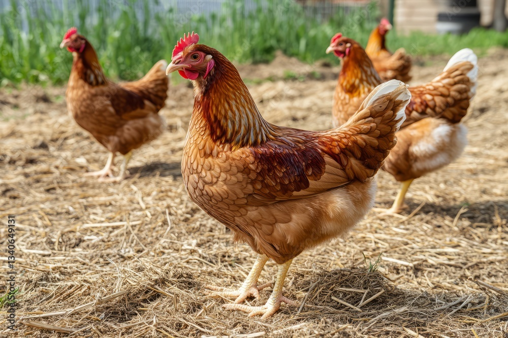 Fototapeta premium Chickens on a chicken farm grazing outdoors, domestic animal husbandry concept 