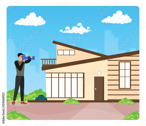 Real estate photography. Man Using camera Under Blue Sky and Clouds.