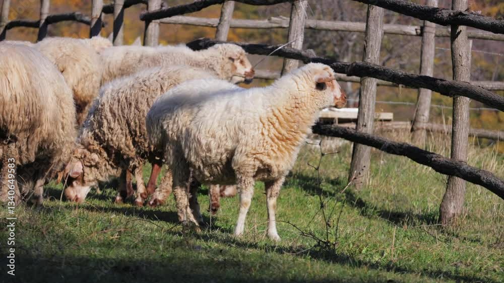 A flock of sheep grazes and nibbles grass in a paddock, enclosed by a log fence. Perfect for videos about farming, animals, and rural landscapes.