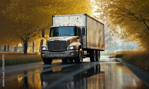 A weathered truck stands by a tranquil body of water, surrounded by autumn foliage, reflecting a serene landscape.mp4