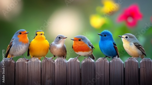 Group of colorful birds are perched on a wooden fence. The birds are of different colors, including yellow, blue, and red. The scene is lively and cheerful, with the birds standing close together