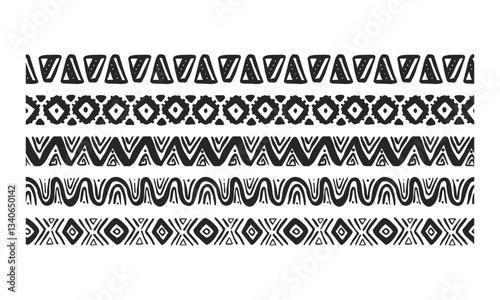 doodle of african ethnic tribe border seamless pattern set for design decoration