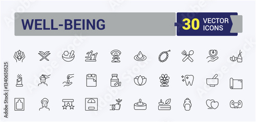 Wellness line icon set. Contain linear sign relaxation, health, therapy, exercise, activity and more. Thin linear style icons. Care simple icon set. Vector illustration.