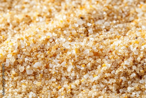 Close-up view of coarse golden sugar granules on a wooden surface highlighting texture and color variations