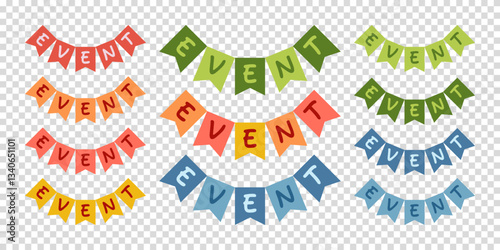 Festive garland. Colored flags on a transparent background. Element of event, party decoration. Vector illustration.