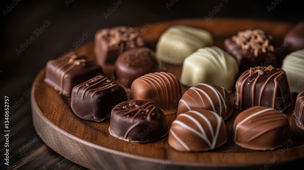Box of assorted gourmet chocolates on wooden platter, perfect for Valentineâ€™s Day gifts, romantic occasions, treats, indulgence, handmade sweets, desserts.