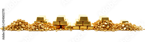 Shiny gold bars and nuggets piles. Wealth, finance, investment, luxury, treasure, mining. Precious metal concept. Isolated on transparent background.