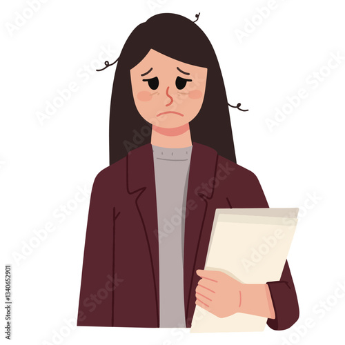 Tired working woman brings documents and paper illustration